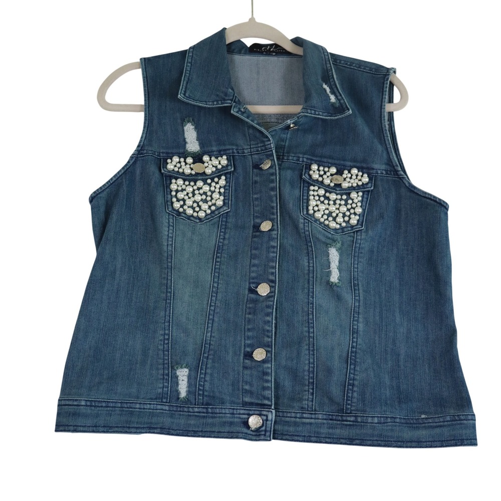 Midnight Velvet Denim Vest Medium Bridal Pearl Distressed Cowgirl Western